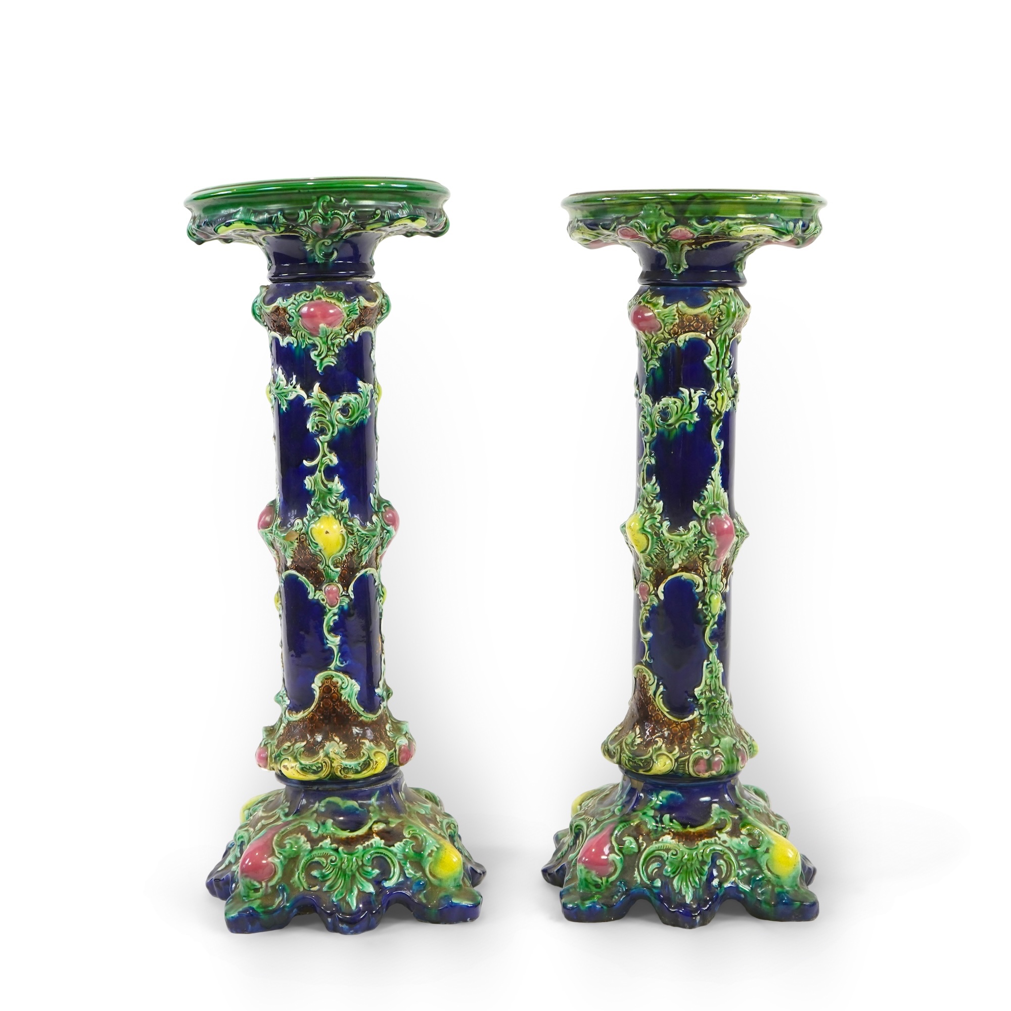 A pair of Continental majolica pedestals, late 19th century